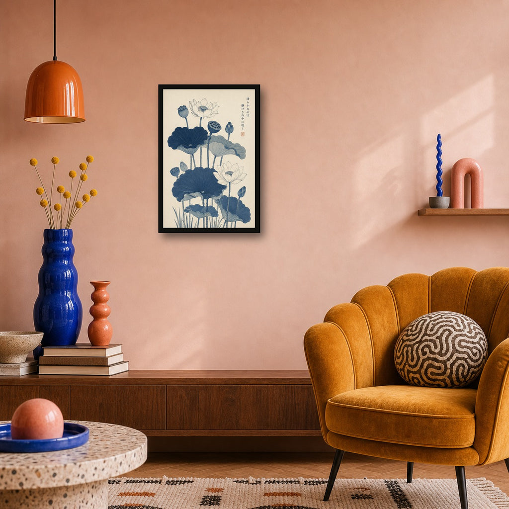 Zen Lotus Pond Watercolor Poster, Japanese Botanical Wall Art, Serene Sage Green Nature Print - 2x3 room mockup