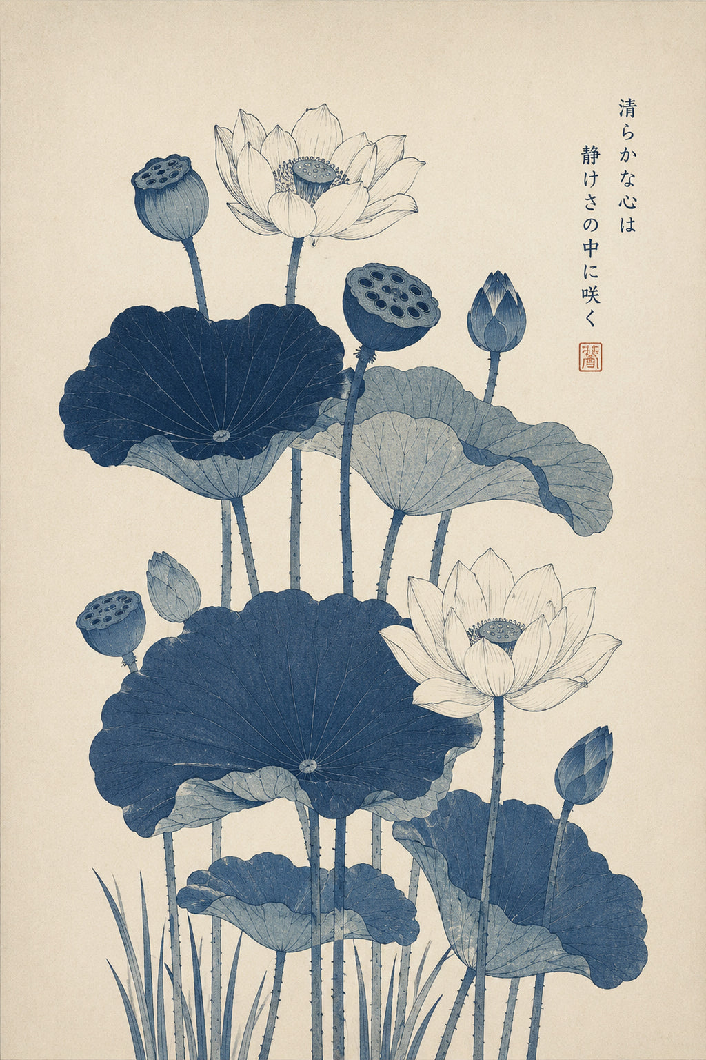 Zen Lotus Pond Watercolor Poster, Japanese Botanical Wall Art, Serene Sage Green Nature Print