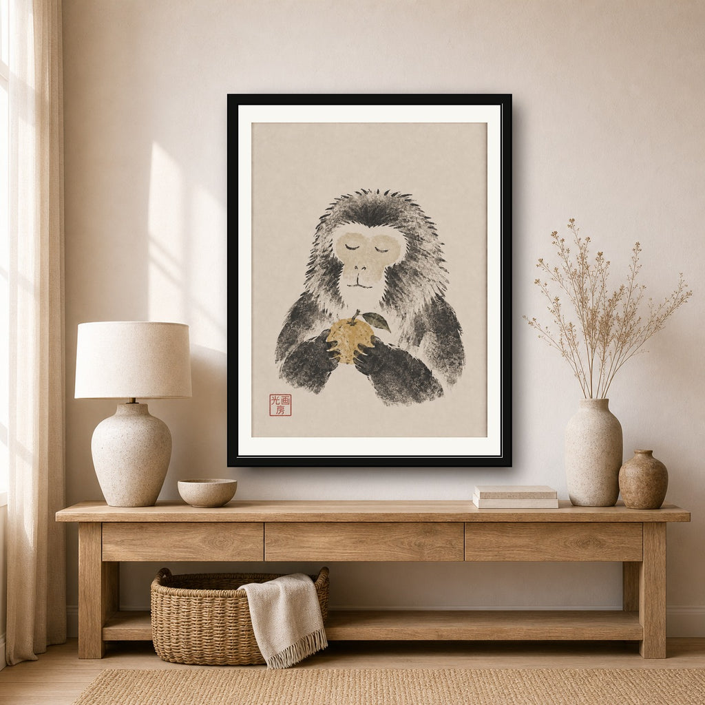 Zen Monkey Art Print, Minimalist Japanese Ink Wash Poster, Tranquil Animal Wall Decor in Various Sizes - corrected 3x4 room mockup
