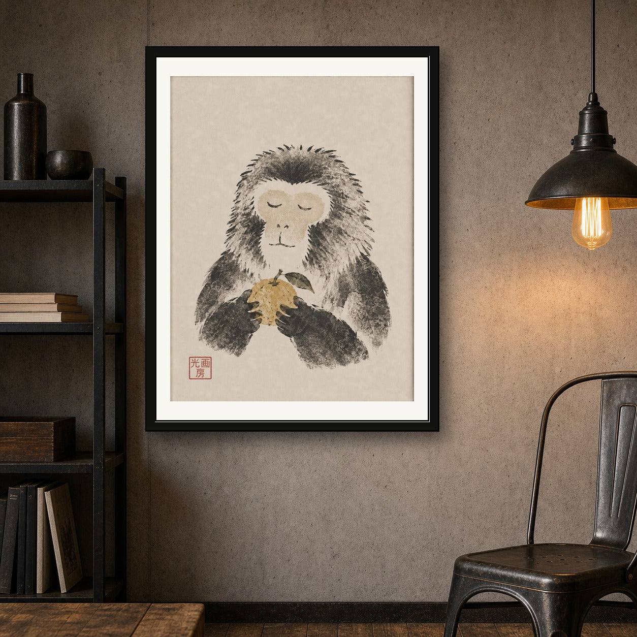 Zen Monkey Art Print, Minimalist Japanese Ink Wash Poster, Tranquil Animal Wall Decor in Various Sizes - corrected 3x4 room mockup