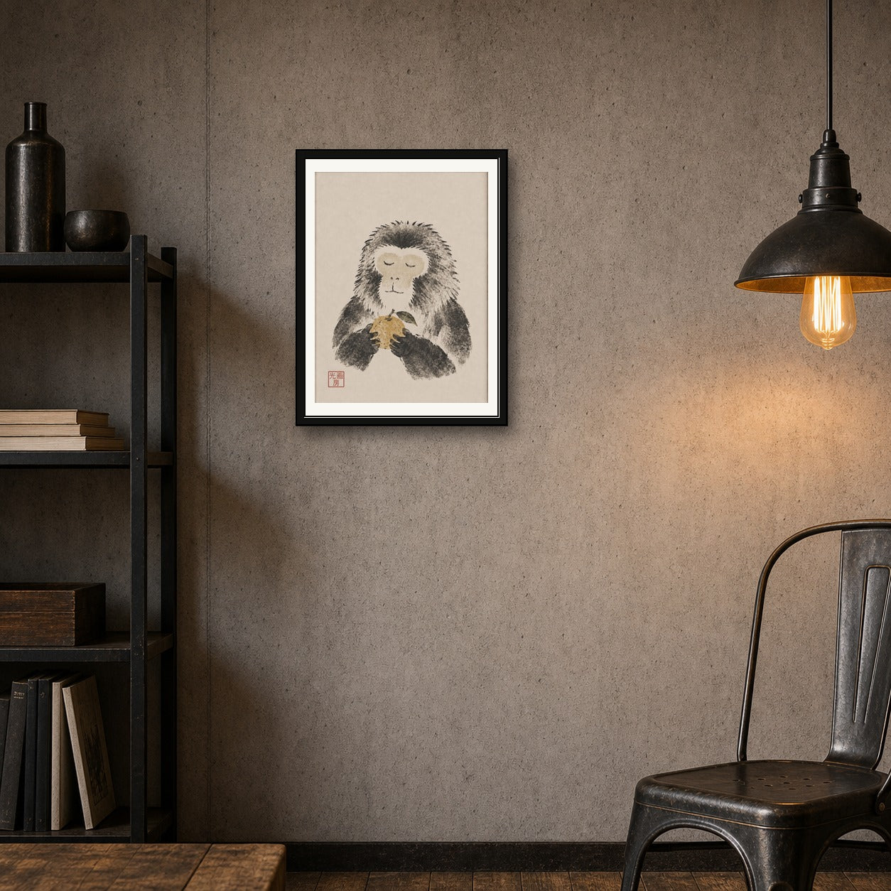 Zen Monkey Art Print, Minimalist Japanese Ink Wash Poster, Tranquil Animal Wall Decor in Various Sizes - corrected 3x4 room mockup