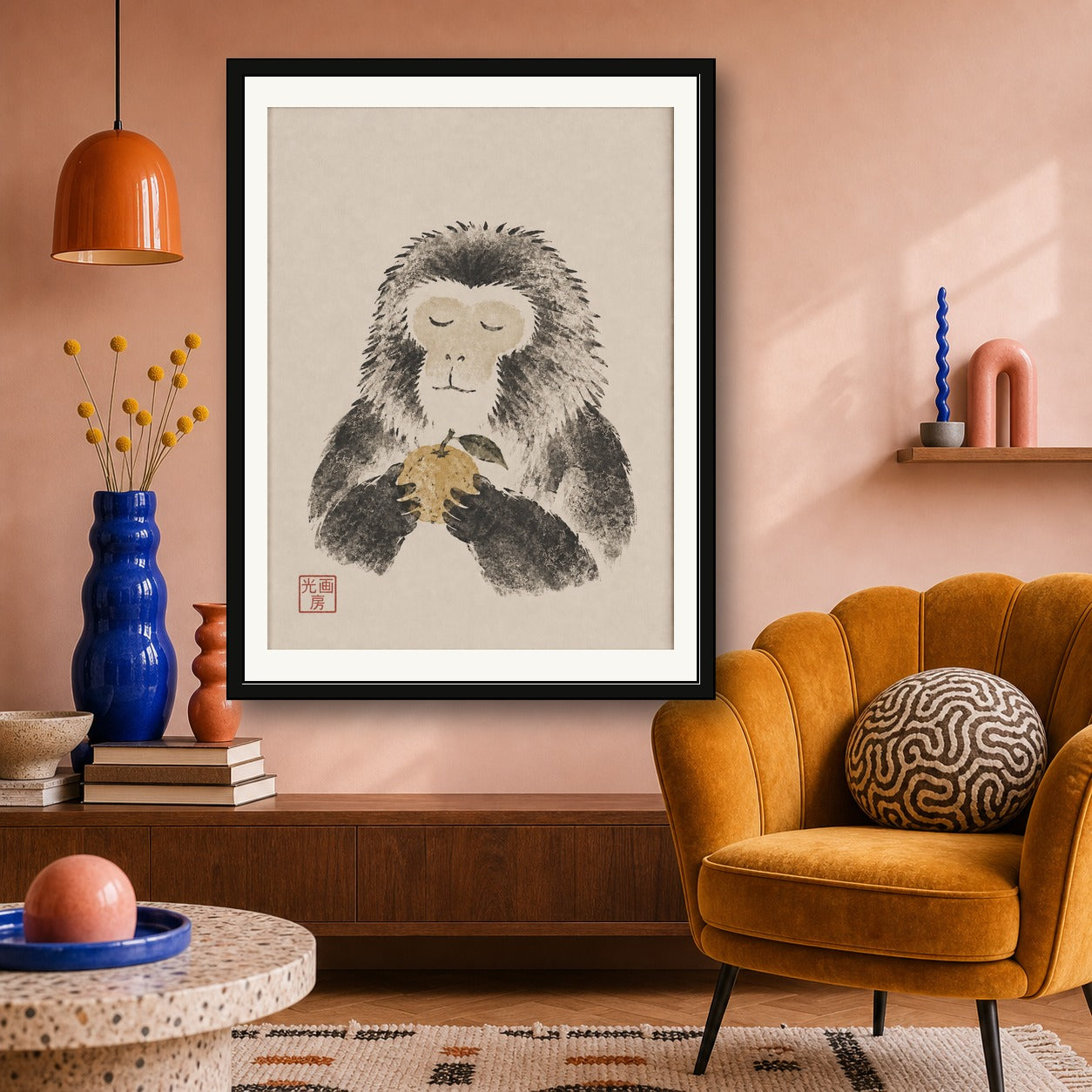 Zen Monkey Art Print, Minimalist Japanese Ink Wash Poster, Tranquil Animal Wall Decor in Various Sizes - corrected 3x4 room mockup