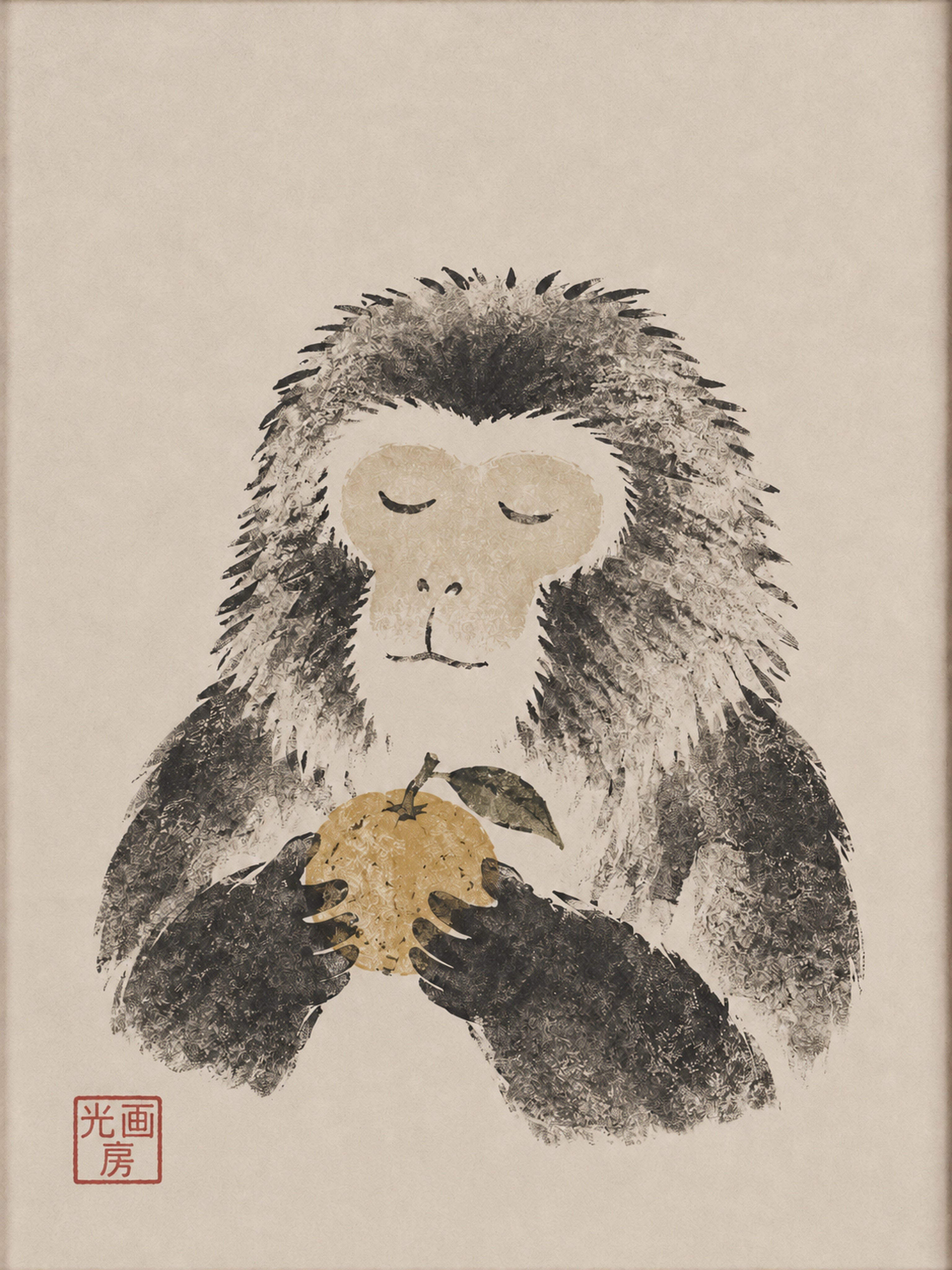 Zen Monkey Art Print, Minimalist Japanese Ink Wash Poster, Tranquil Animal Wall Decor in Various Sizes - corrected 3x4 flat artwork