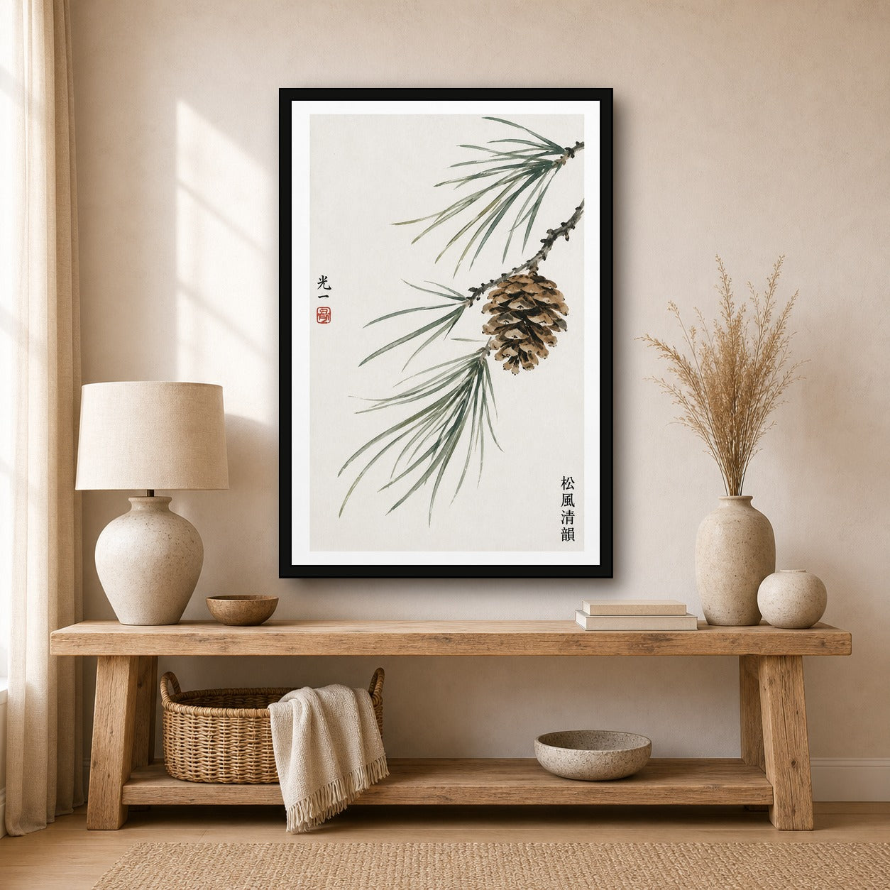 Zen Pine Cone & Branches Poster, Japanese Sumi-e Ink Art Print, Nature-Inspired Wall Decor - 2x3 room mockup