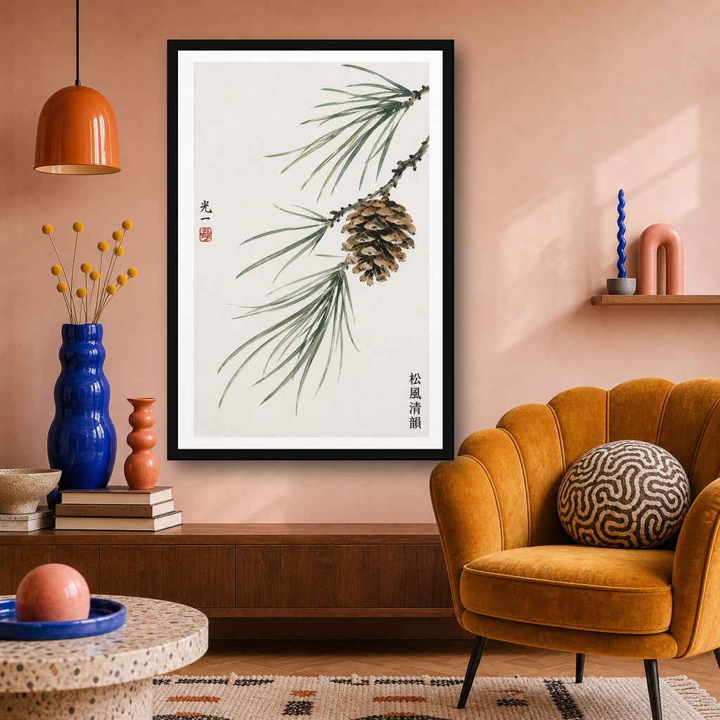 Zen Pine Cone & Branches Poster, Japanese Sumi-e Ink Art Print, Nature-Inspired Wall Decor - 2x3 room mockup