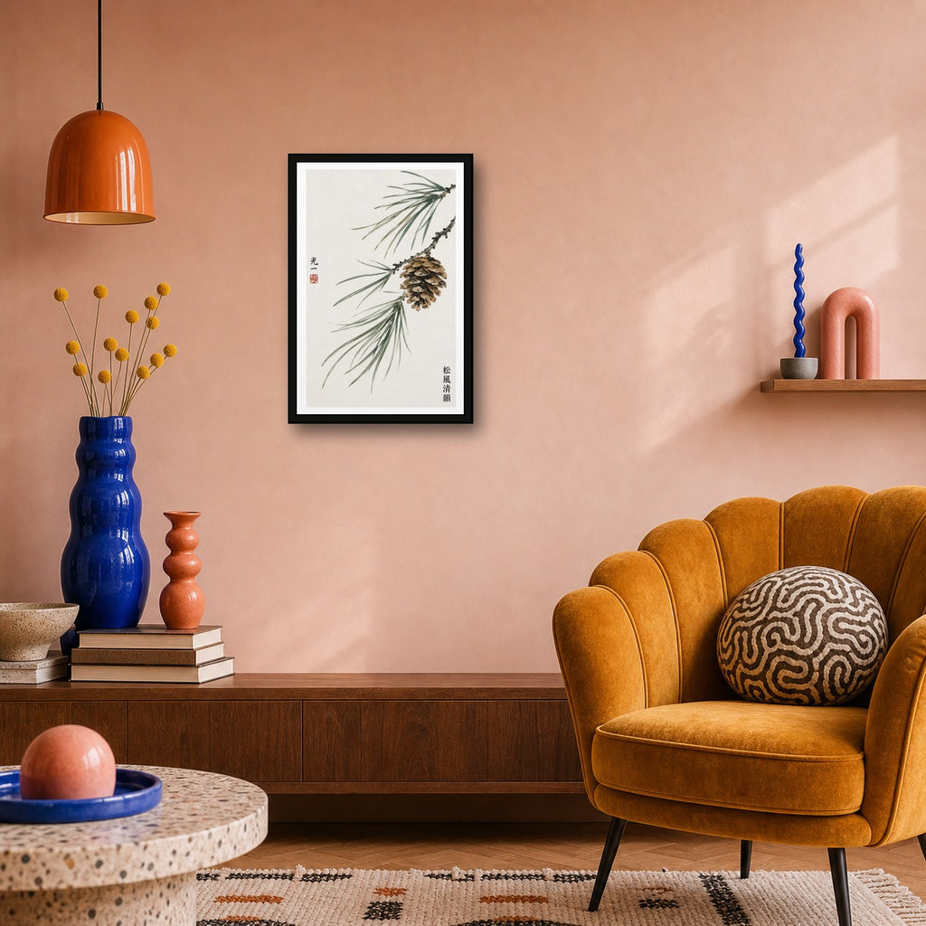 Zen Pine Cone & Branches Poster, Japanese Sumi-e Ink Art Print, Nature-Inspired Wall Decor - 2x3 room mockup