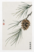 Zen Pine Cone & Branches Poster, Japanese Sumi-e Ink Art Print, Nature-Inspired Wall Decor