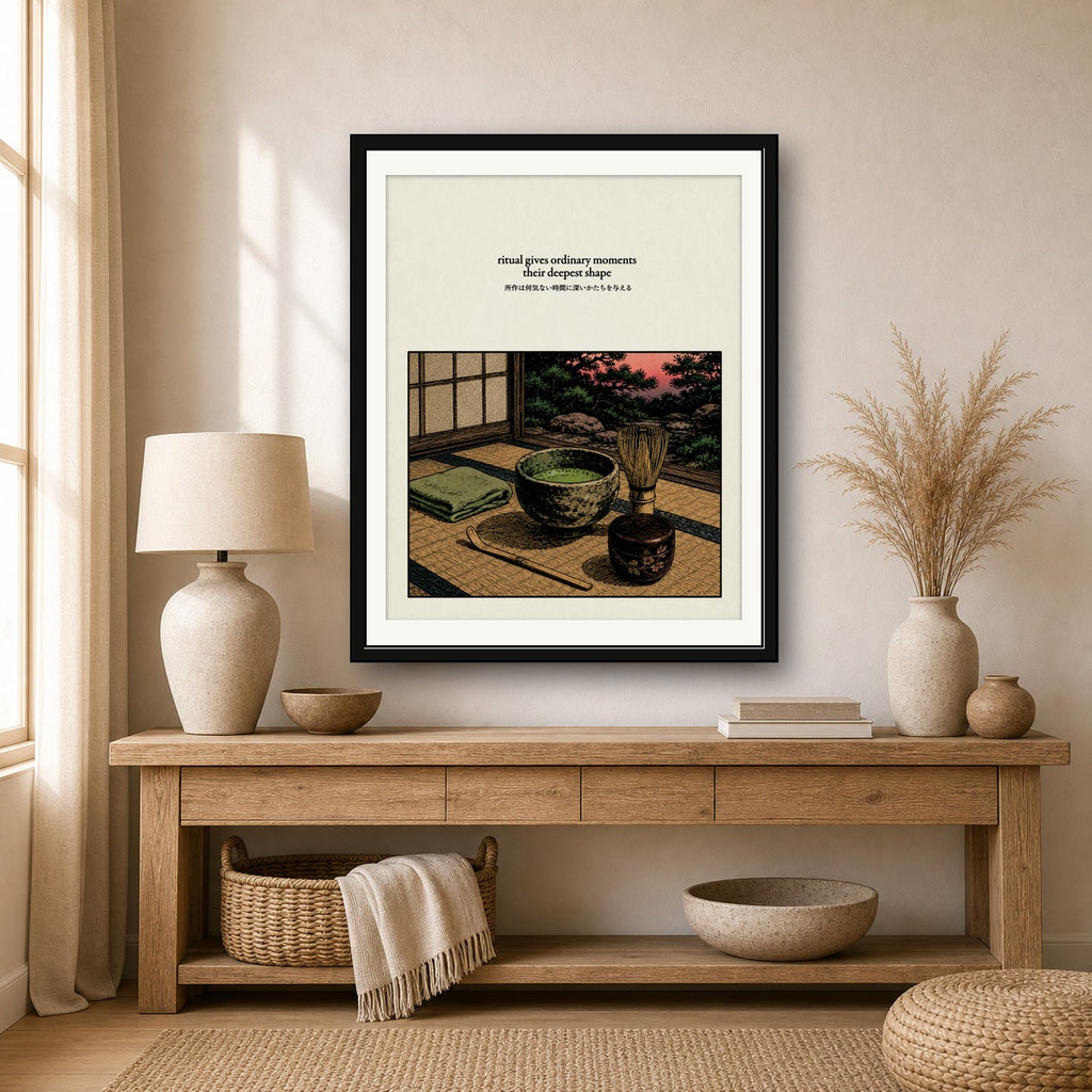 Zen Tea Ceremony Poster, Japanese Woodcut Style Wall Art, Serene Matcha Ritual Print - corrected 4x5 room mockup