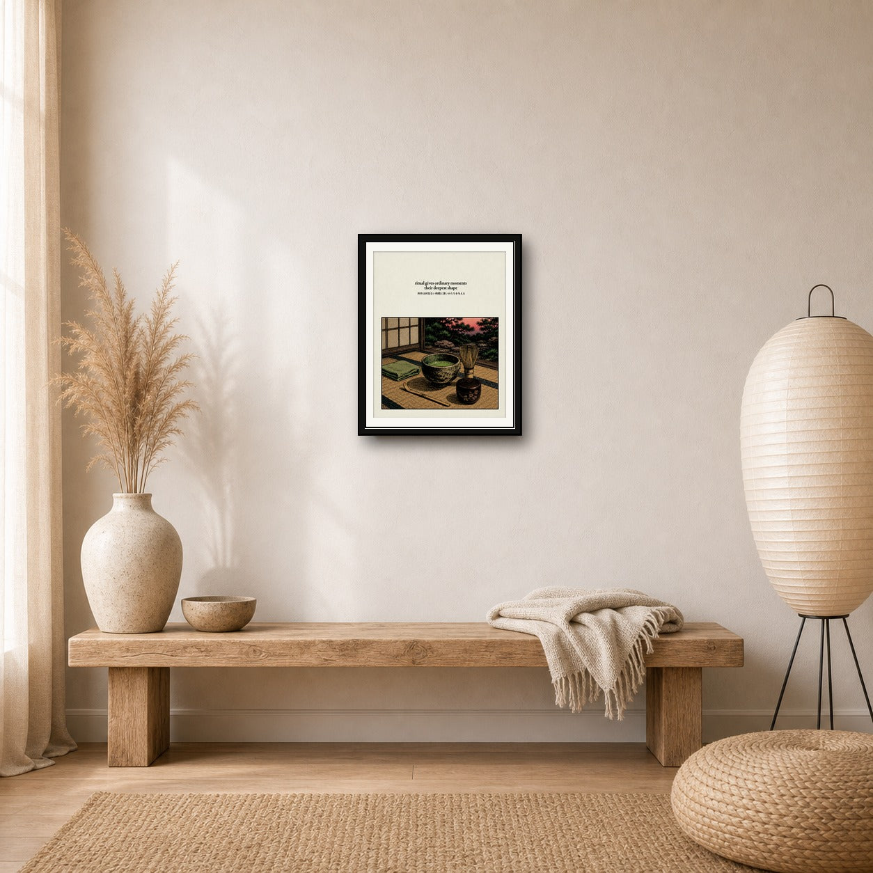 Zen Tea Ceremony Poster, Japanese Woodcut Style Wall Art, Serene Matcha Ritual Print - corrected 4x5 room mockup