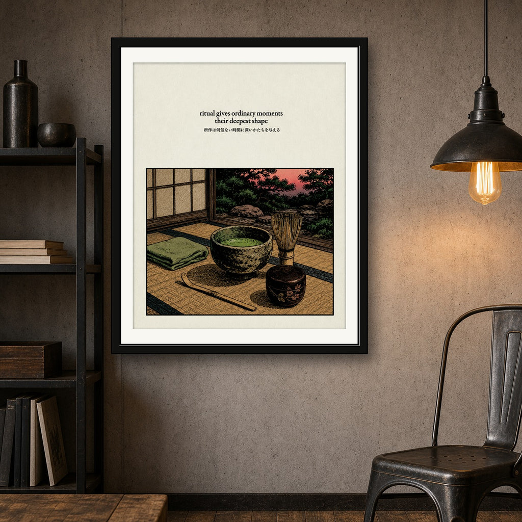Zen Tea Ceremony Poster, Japanese Woodcut Style Wall Art, Serene Matcha Ritual Print - corrected 4x5 room mockup