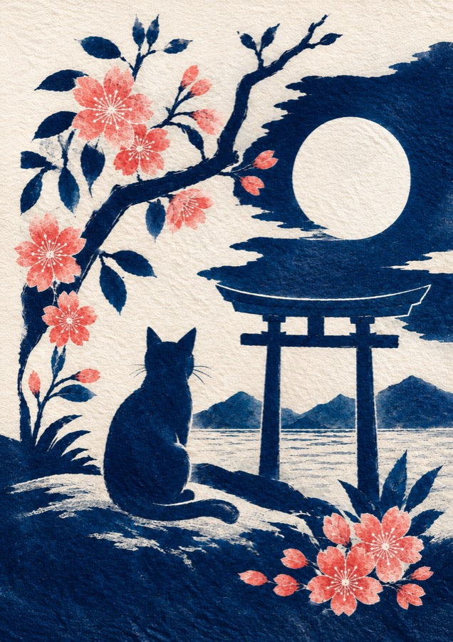 Black Cat Torii Moon Poster, Japanese Cat Wall Art, Matte Print
