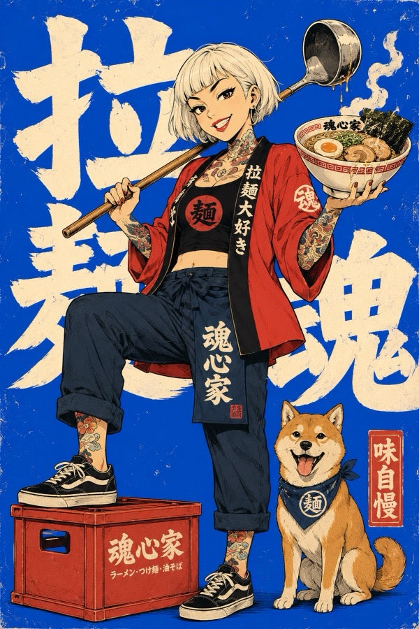Blue Ramen Girl Japanese Retro Poster