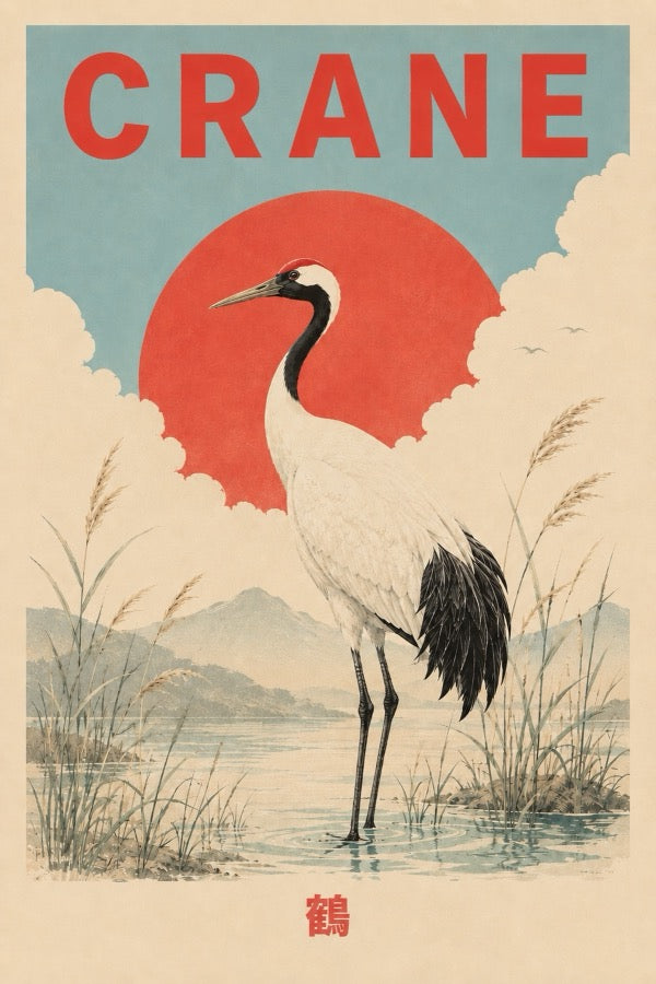 Crane Sun Japanese Travel Poster