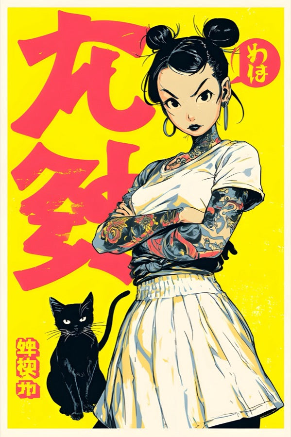 Girl with Black Cat Poster, Japanese Inspired Cat Wall Art Print