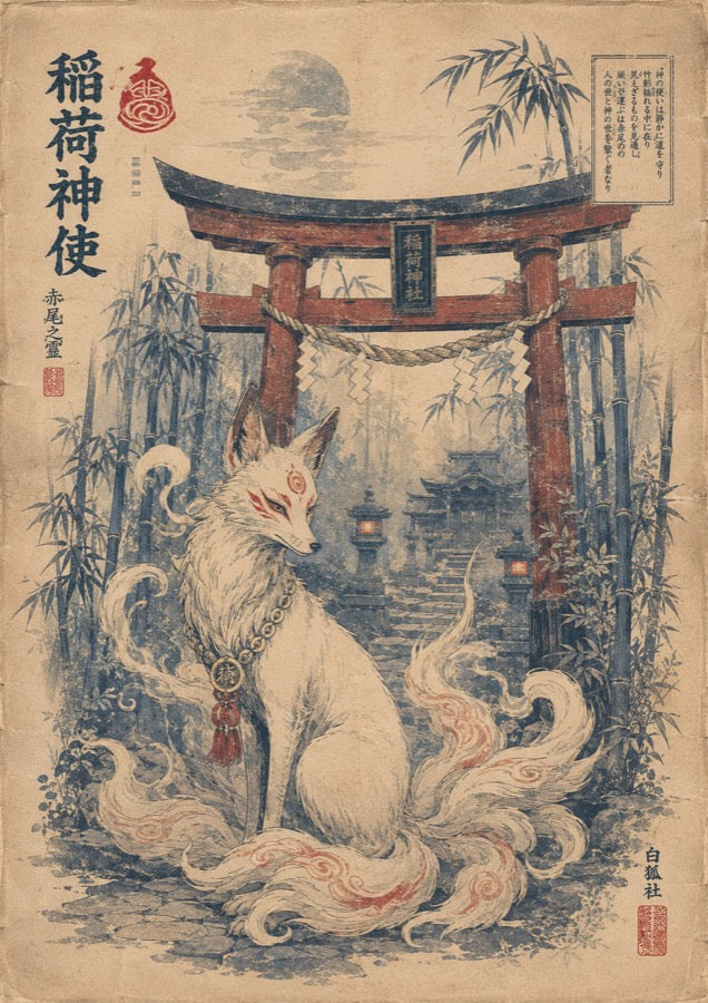 Kitsune Torii Gate Spirit Japanese Retro Poster Print