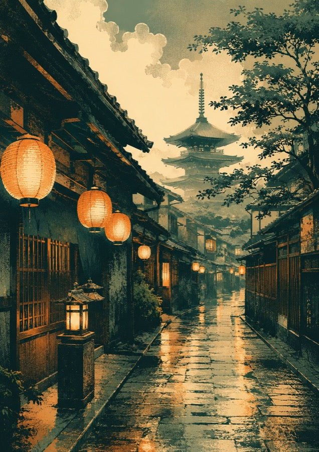Kyoto Lantern Rain Poster, Japanese Travel Wall Art, Matte Print