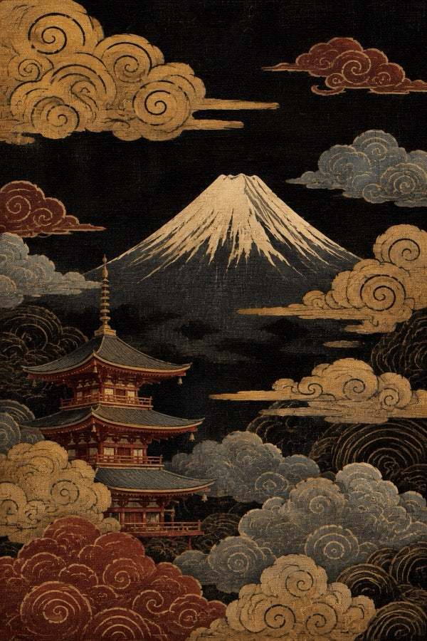 Mount Fuji Pagoda Clouds Japanese Retro Poster Print