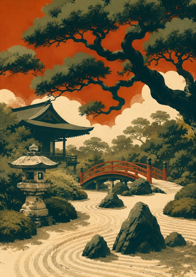 Ocean Temple Sunset Japanese Retro Poster Print