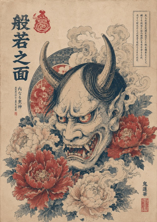 Oni Mask Peonies Japanese Retro Poster Print