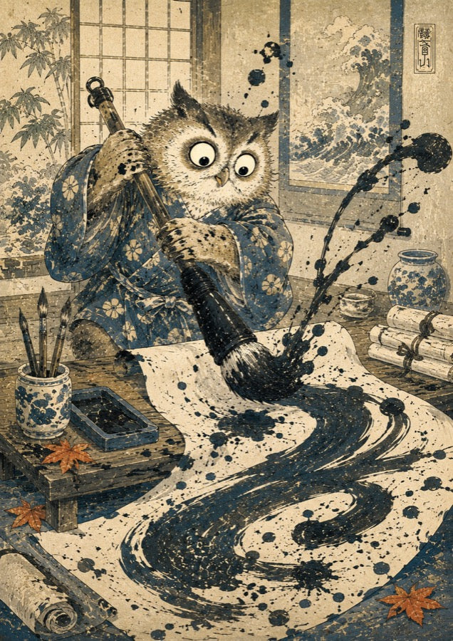 Owl Calligraphy Japanese Retro Poster Print