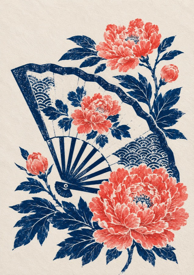 Peony Folding Fan Japanese Retro Poster Print