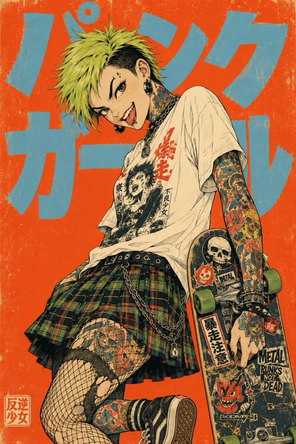 Punk Girl Orange Japanese Retro Poster Print