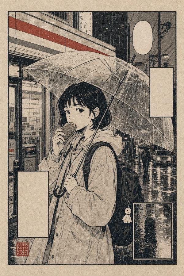 Rainy Girl Umbrella Japanese Retro Poster Print