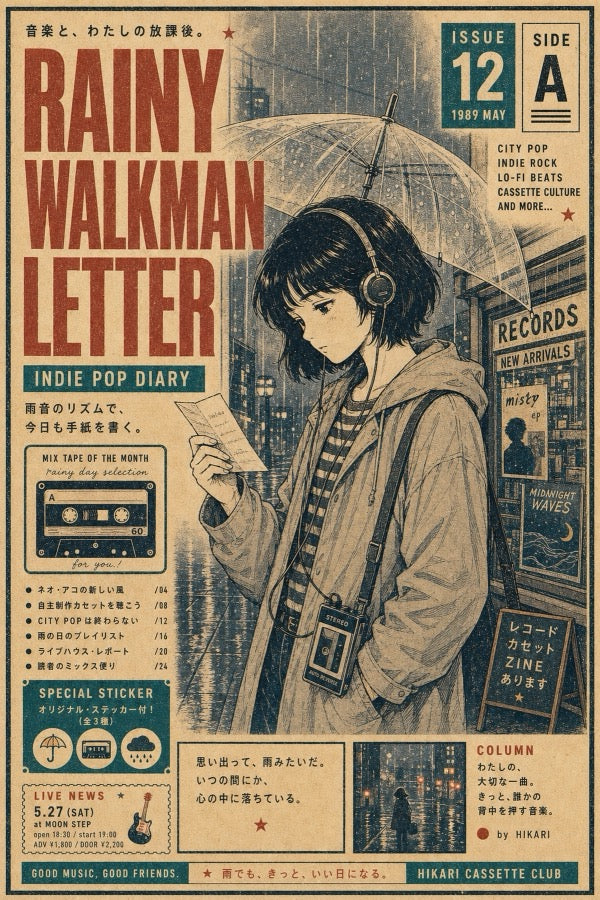 Rainy Walkman Letter Japanese Retro Poster Print