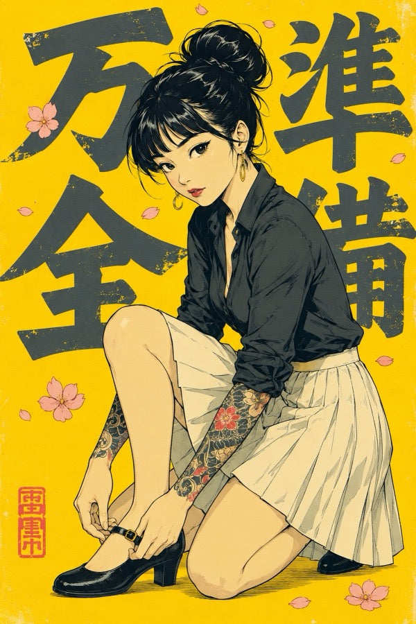 Schoolgirl Yellow Japanese Retro Poster Print