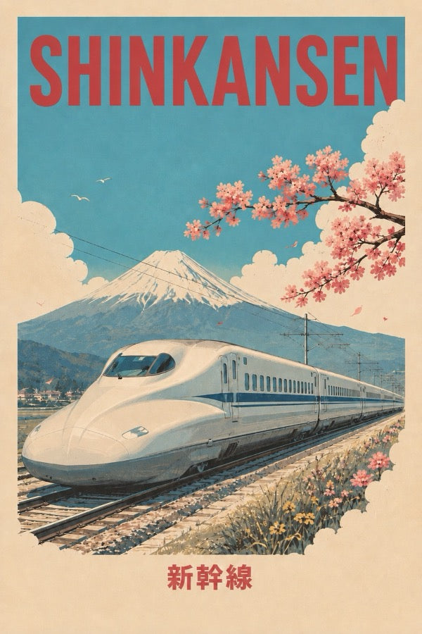Shinkansen Mount Fuji Travel Japanese Retro Poster Print