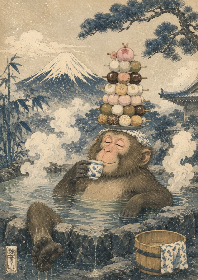 Snow Monkey Dango Onsen Poster, Japanese Kitchen Wall Art, Matte Print