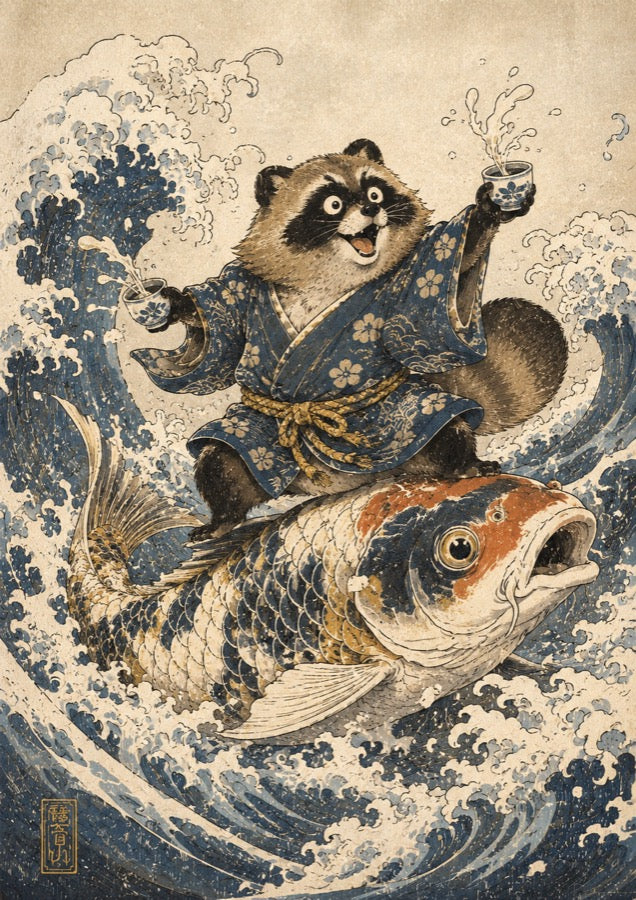 Tanuki Koi Surf Japanese Retro Poster Print