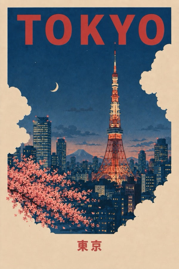 Tokyo Tower Night Poster, Japanese Travel Wall Art, Matte Print